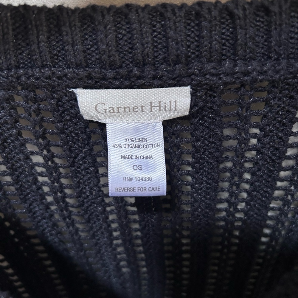 Garnet Hill ~ Black Linen & Organic Cotton Crochet Open Weave Poncho in OS - Picture 3 of 14